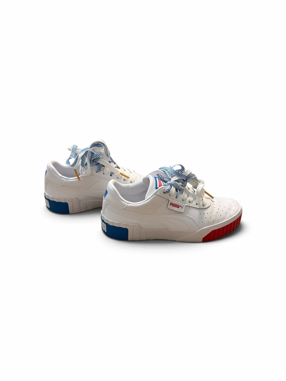 Women’s Puma White Low-Top Sneakers with Blue Laces and Red Accents